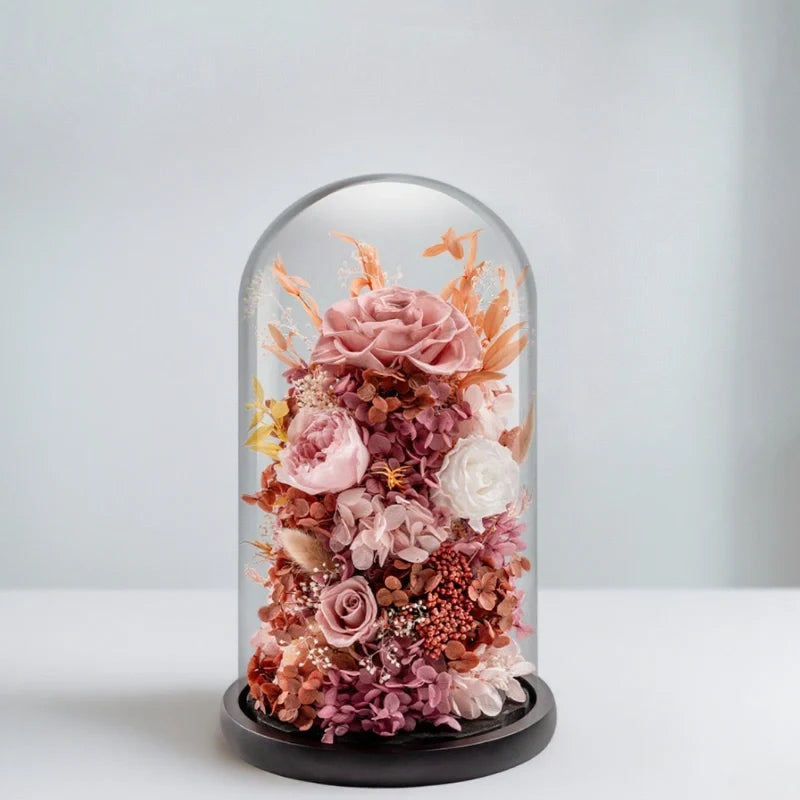 Preserved Flower Glass Dome Night Light | Dried Rose, Dandelion or Poppy-Pinecone Design | Warm White Ambient Glow