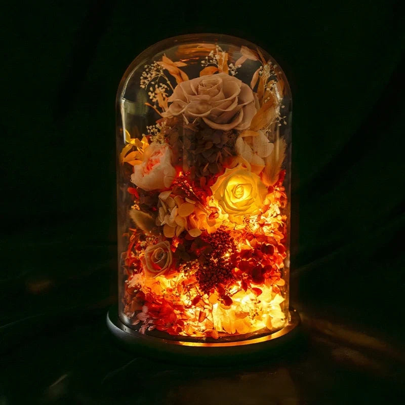 Preserved Flower Glass Dome Night Light | Dried Rose, Dandelion or Poppy-Pinecone Design | Warm White Ambient Glow