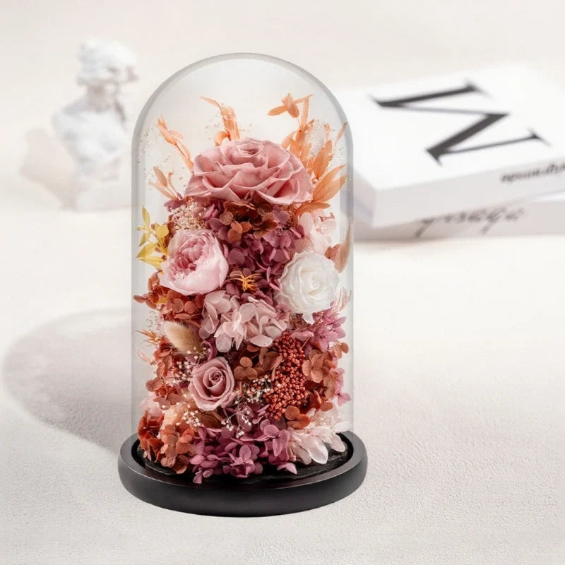 Preserved Flower Glass Dome Night Light | Dried Rose, Dandelion or Poppy-Pinecone Design | Warm White Ambient Glow