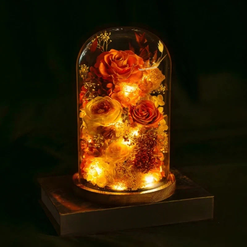 Preserved Flower Glass Dome Night Light | Dried Rose, Dandelion or Poppy-Pinecone Design | Warm White Ambient Glow