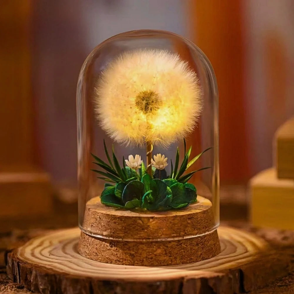 Preserved Flower Glass Dome Night Light | Dried Rose, Dandelion or Poppy-Pinecone Design | Warm White Ambient Glow