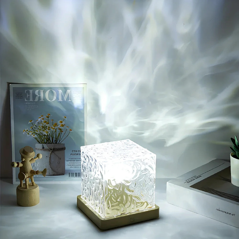 Prism Cube Lamp, Wood and Acrylic | 16 Colours with Remote Control | USB-Powered Northern Lights Effect, Two Sizes