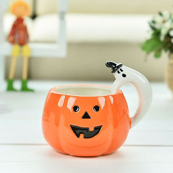 Pumpkin Shaped Coffee Mug Halloween Decoration | Ghost Handle Design | Ceramic Build Holds Coffee Tea Apple Cider