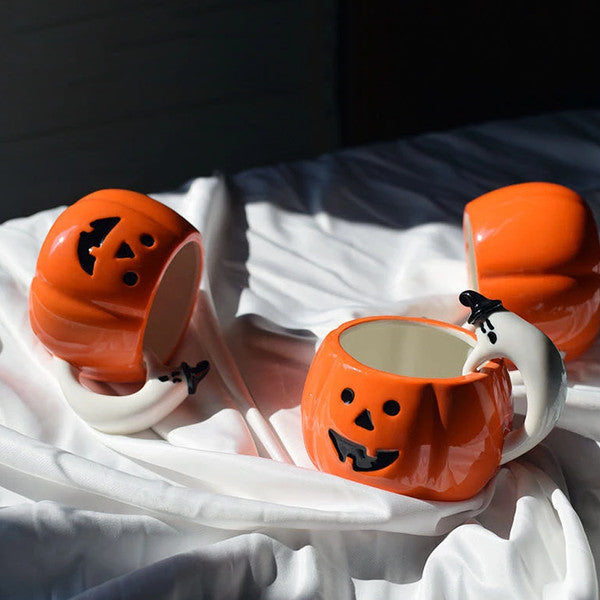 Pumpkin Shaped Coffee Mug Halloween Decoration | Ghost Handle Design | Ceramic Build Holds Coffee Tea Apple Cider