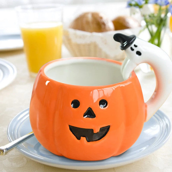 Pumpkin Shaped Coffee Mug Halloween Decoration | Ghost Handle Design | Ceramic Build Holds Coffee Tea Apple Cider