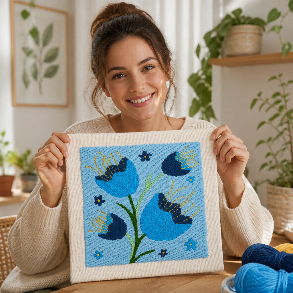 Punch Needle Craft Kit | Pre-Printed Fabric, Yarn and Tools Included | Beginner-Friendly Floral Wall Art, No Experience Needed