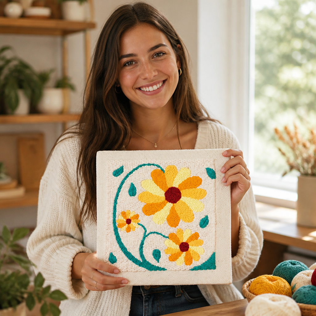 Punch Needle Craft Kit | Pre-Printed Fabric, Yarn and Tools Included | Beginner-Friendly Floral Wall Art, No Experience Needed