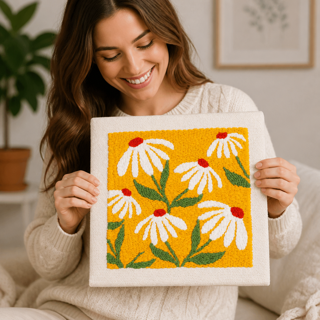 Punch Needle Craft Kit | Pre-Printed Fabric, Yarn and Tools Included | Beginner-Friendly Floral Wall Art, No Experience Needed