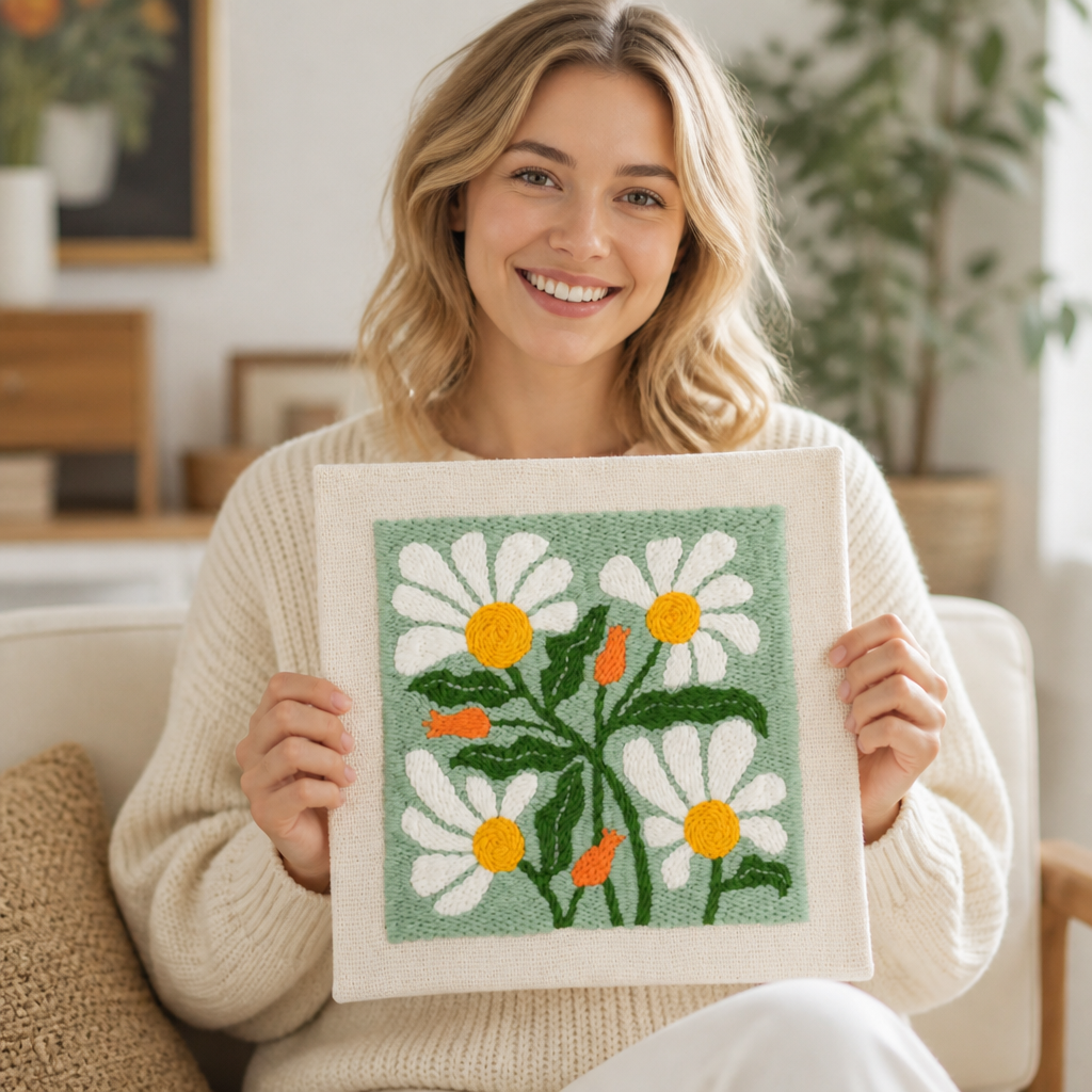 Punch Needle Craft Kit | Pre-Printed Fabric, Yarn and Tools Included | Beginner-Friendly Floral Wall Art, No Experience Needed
