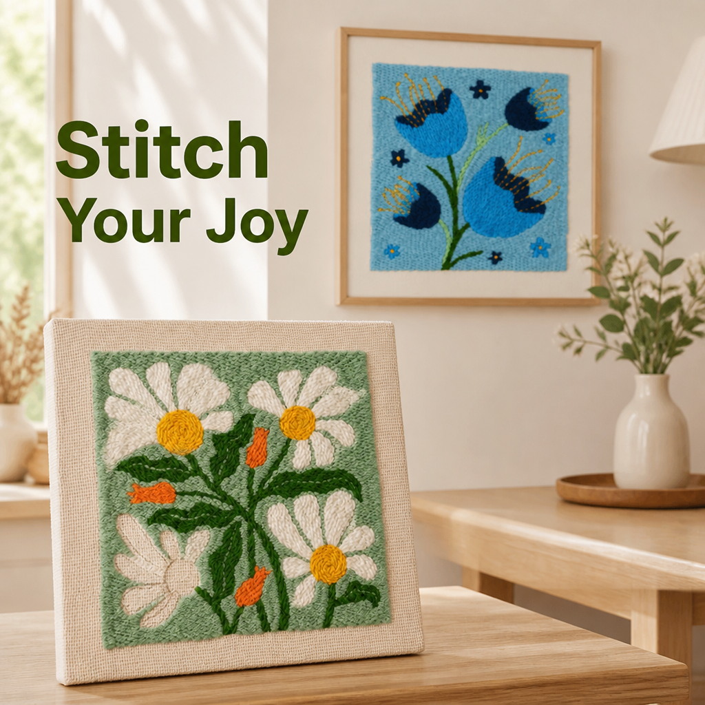 Punch Needle Craft Kit | Pre-Printed Fabric, Yarn and Tools Included | Beginner-Friendly Floral Wall Art, No Experience Needed