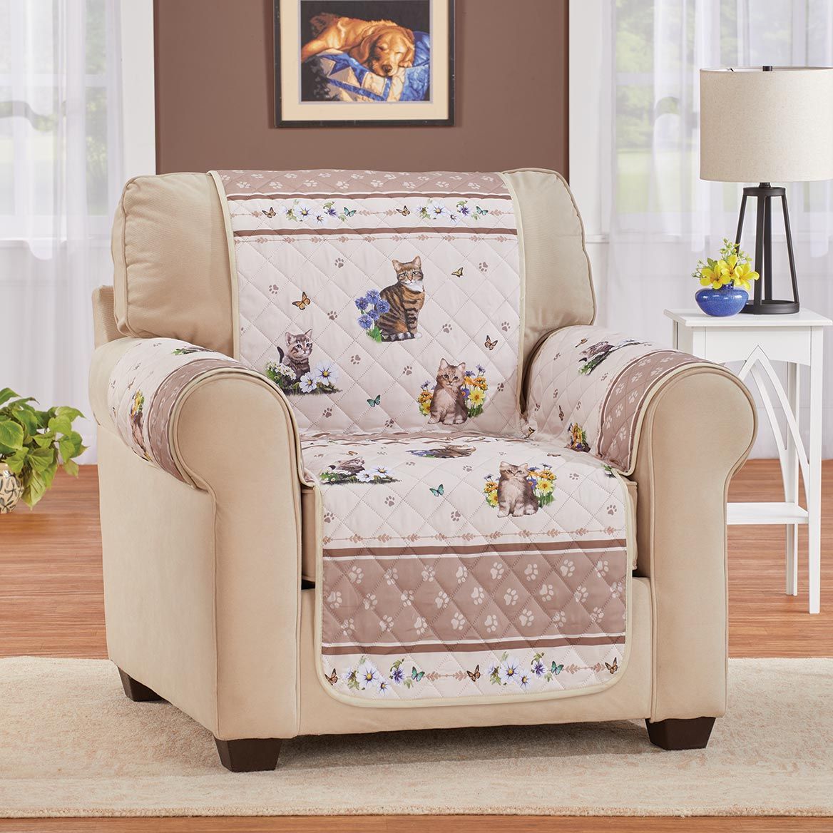 Quilted Furniture Cover Polyester | Cat, Butterfly & Floral Print, Beige | Machine Washable, Fits Chair to Sofa