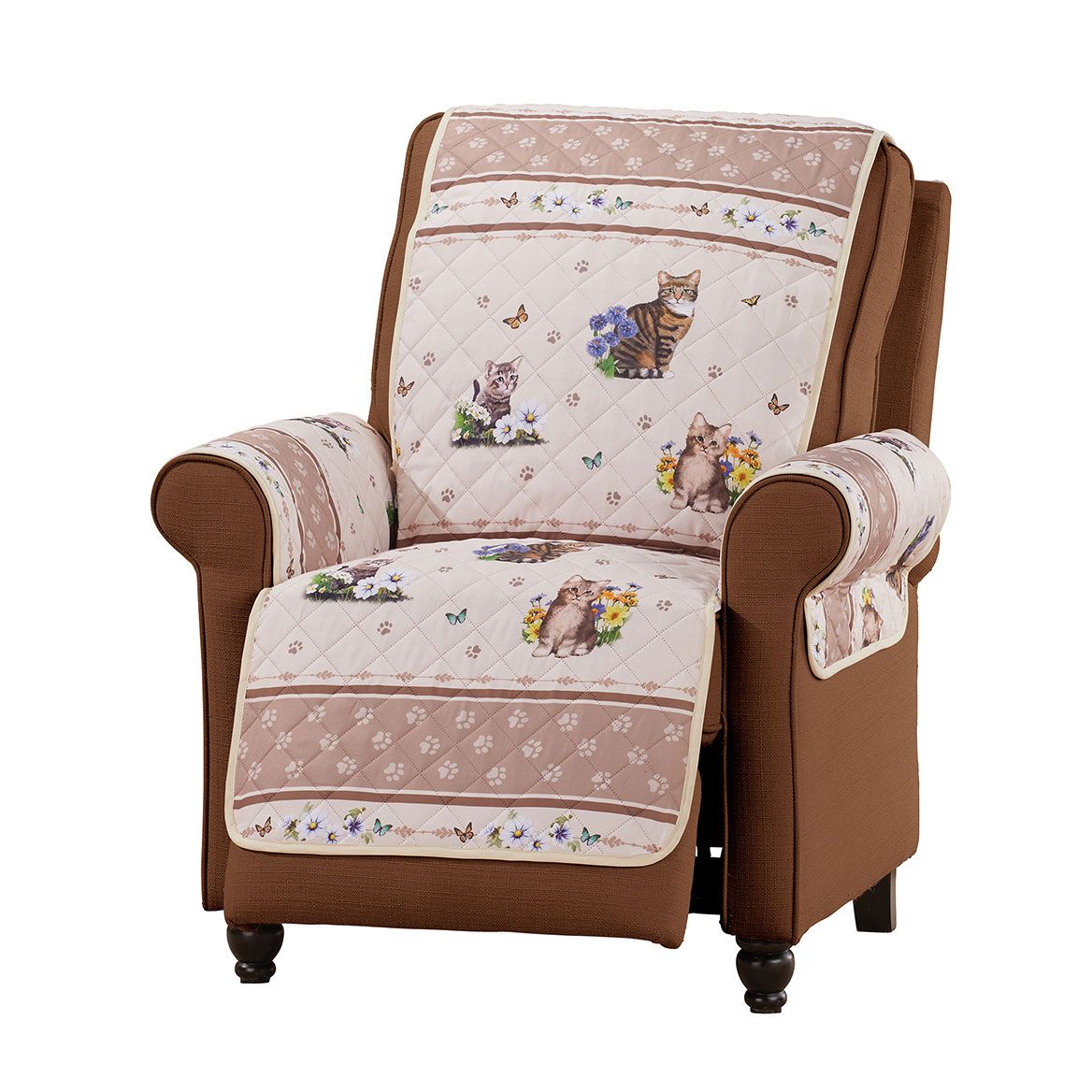 Quilted Furniture Cover Polyester | Cat, Butterfly & Floral Print, Beige | Machine Washable, Fits Chair to Sofa