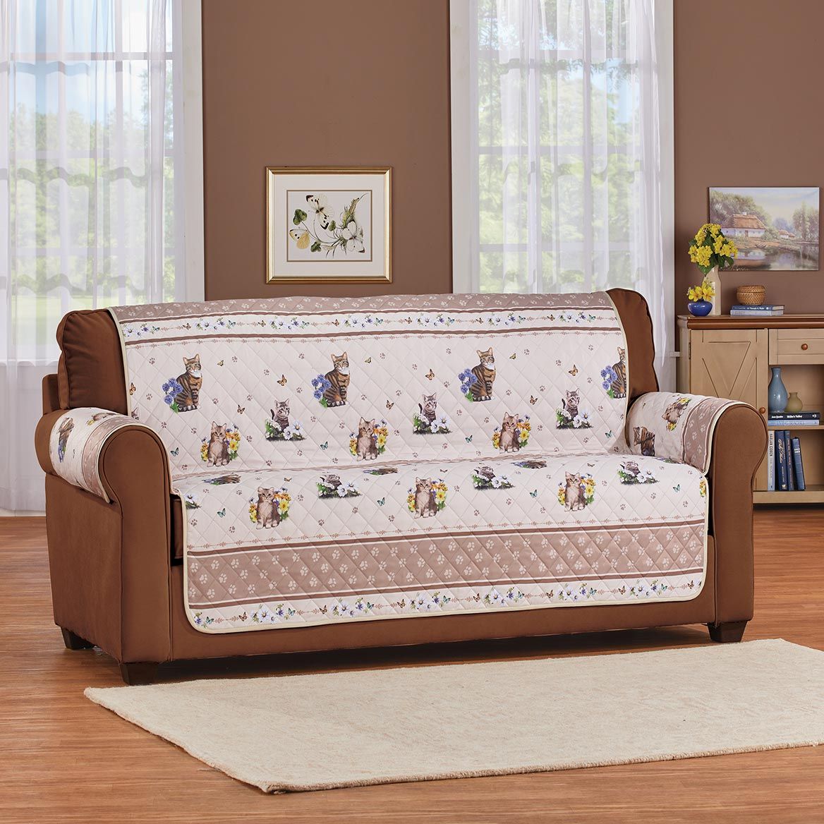 Quilted Furniture Cover Polyester | Cat, Butterfly & Floral Print, Beige | Machine Washable, Fits Chair to Sofa