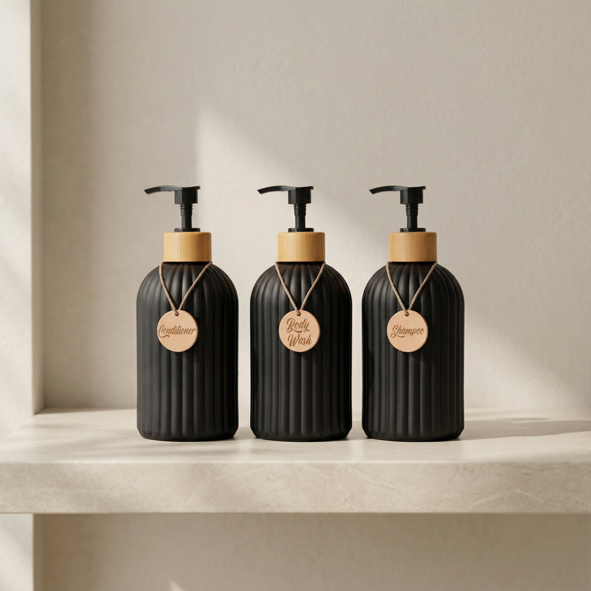 Refillable Shampoo Bottle Set with Pump Dispensers | 3-Piece Bottles | Keeps Bathroom Countertops Neat and Organised