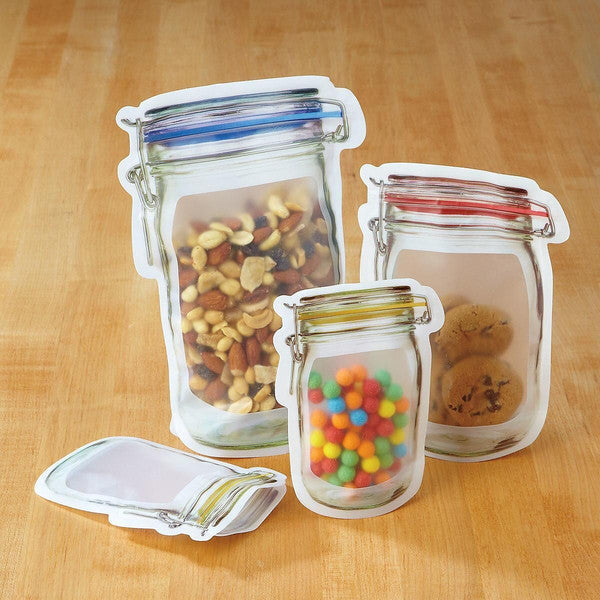 Reusable Storage Bags 10-Pack | Stand-Up Mason Jar Design | Dishwasher-Safe Pantry, Fridge & On-the-Go Snack Storage