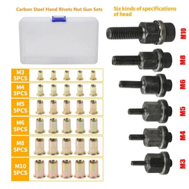 Rivet Nut Set Stainless Steel & Carbon Steel | M3–M10 Sizes, 100 Pieces | Rust-Resistant Threaded Inserts in Sorting Case