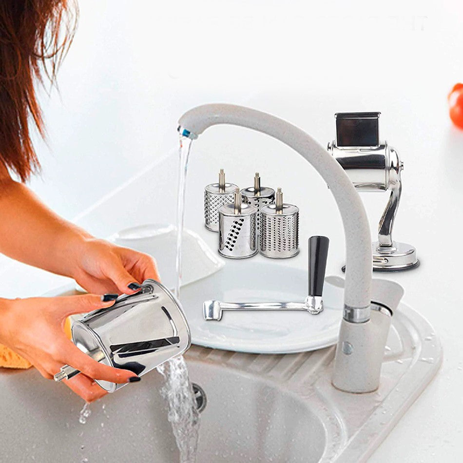 Rotary Cheese Grater Stainless Steel | 5 Interchangeable Drum Blades, Suction Base | Manual Grating and Slicing