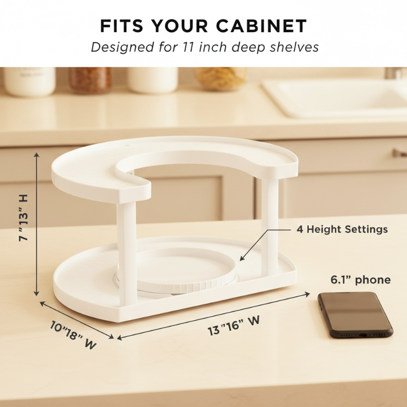 Rotating Spice Rack D-Shaped, Dual Rotation | White or Grey | 4-Level Adjustable Height, Non-Slip Base for Corner Cabinet Storage