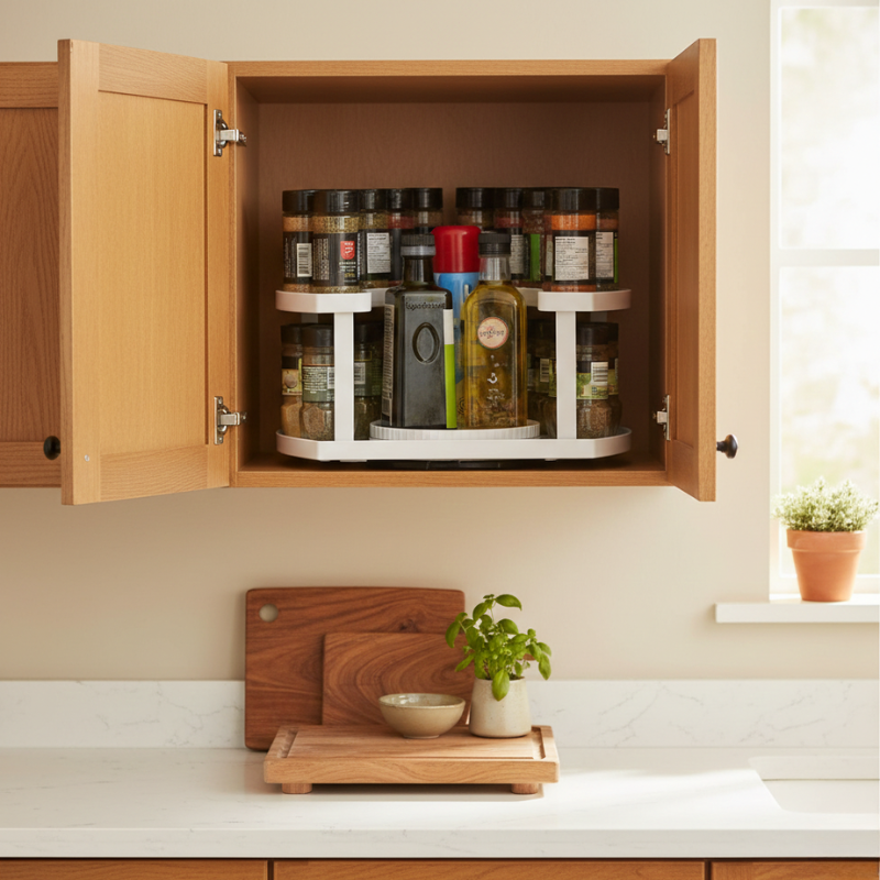 Rotating Spice Rack D-Shaped, Dual Rotation | White or Grey | 4-Level Adjustable Height, Non-Slip Base for Corner Cabinet Storage