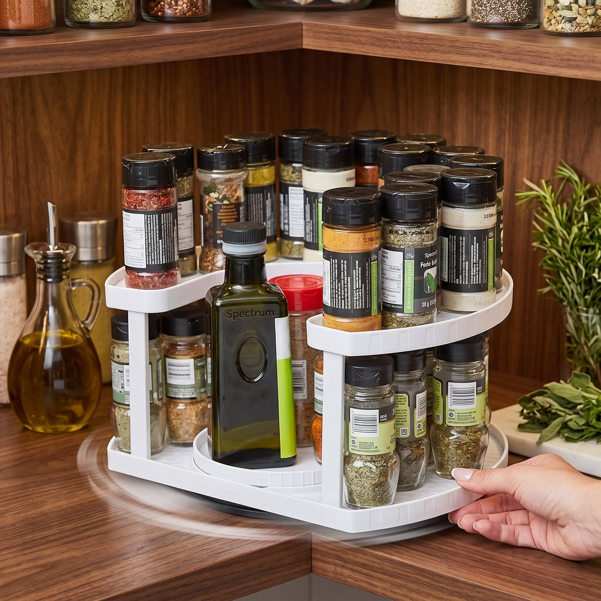 Rotating Spice Rack Organizer Wipe-Clean Plastic | Dual Turntable Tiered Design | Saves Counter Space, Reduces Spills
