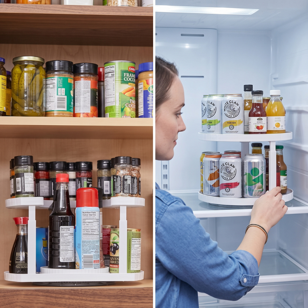 Rotating Spice Rack Organizer Wipe-Clean Plastic | Dual Turntable Tiered Design | Saves Counter Space, Reduces Spills