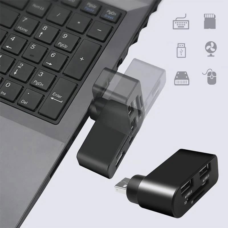 Rotating USB Hub 4-in-1 Portable Compact ABS with SD/MicroSD Card Reader