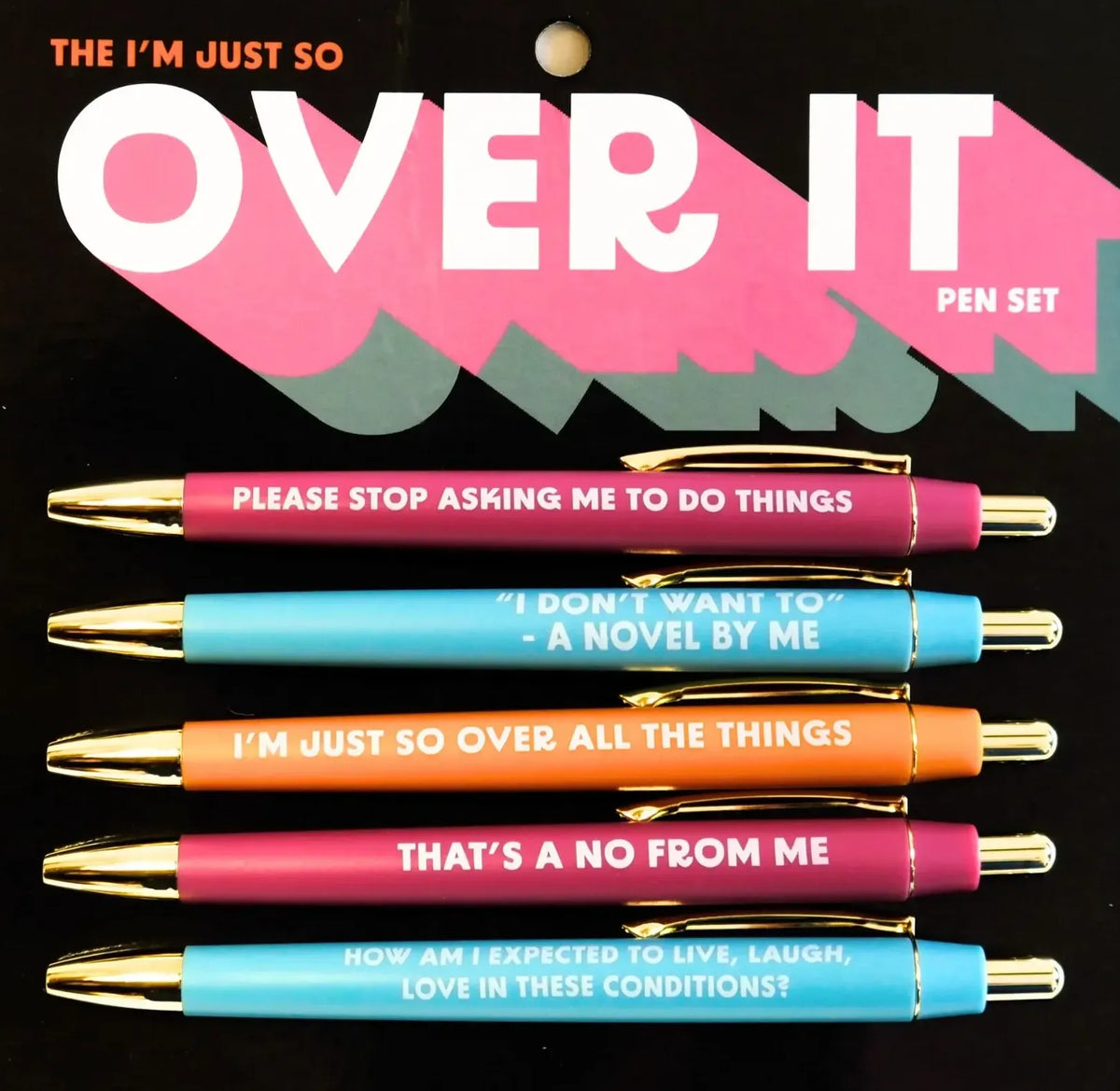 Sarcastic Quote Pen Set, 6 Click Pens | Black Ink 0.5mm, Replaceable Cartridges | Novelty Desk Gift for Coworkers