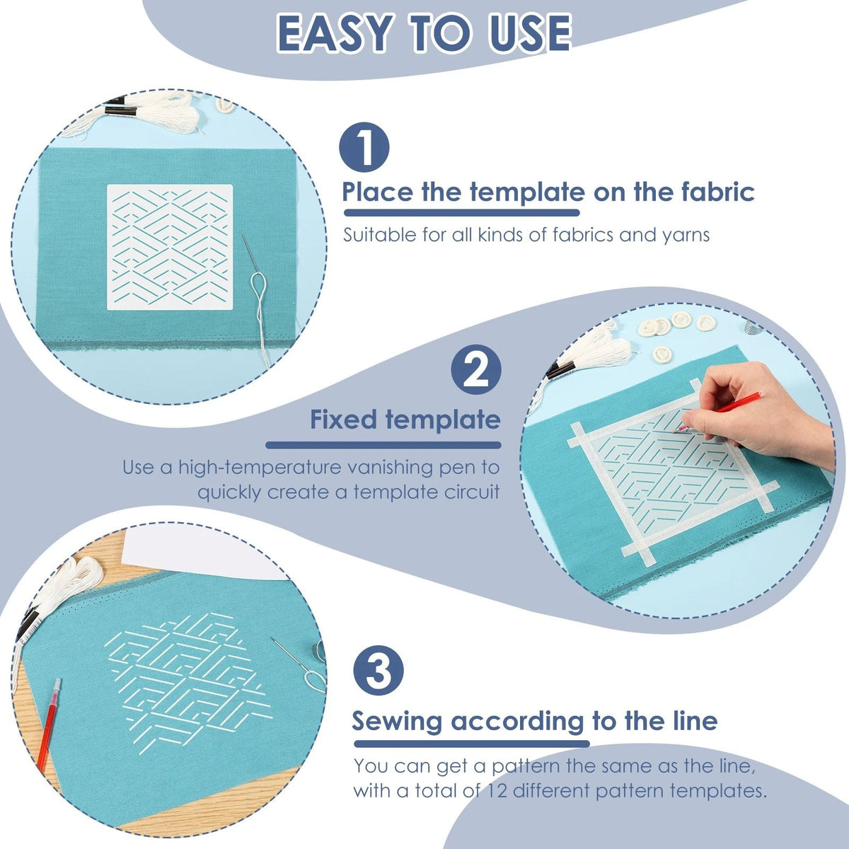 Sashiko Embroidery Stencil Kit 12 Piece Set | Reusable Templates with Thread, Needles & Thimble | Beginner Hand Stitching