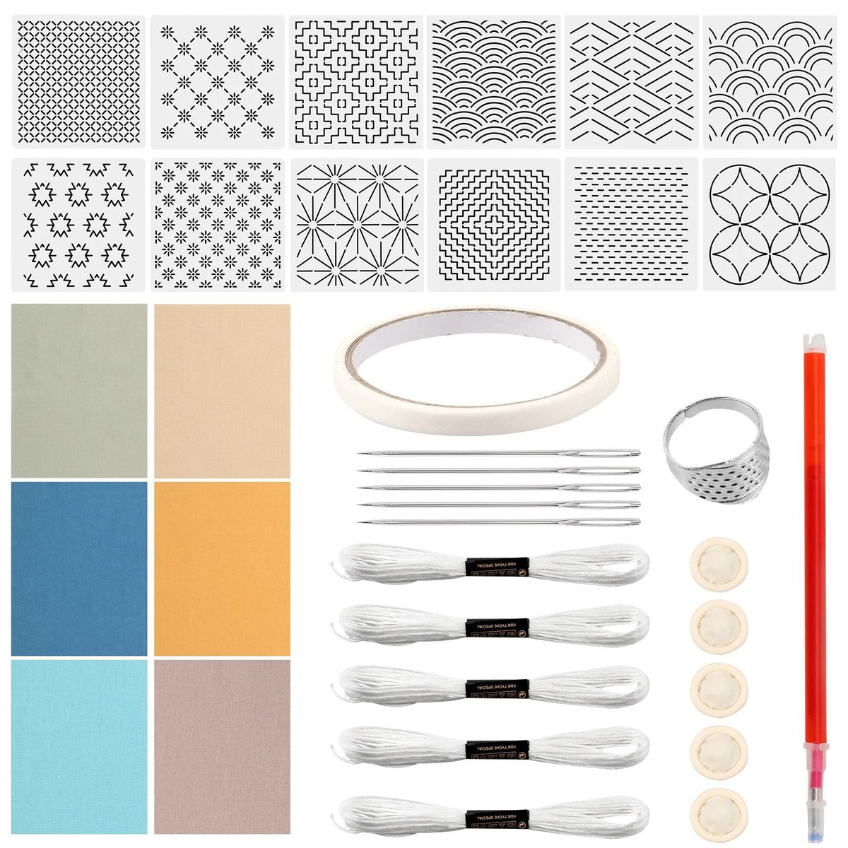 Sashiko Embroidery Stencil Kit 12 Piece Set | Reusable Templates with Thread, Needles & Thimble | Beginner Hand Stitching