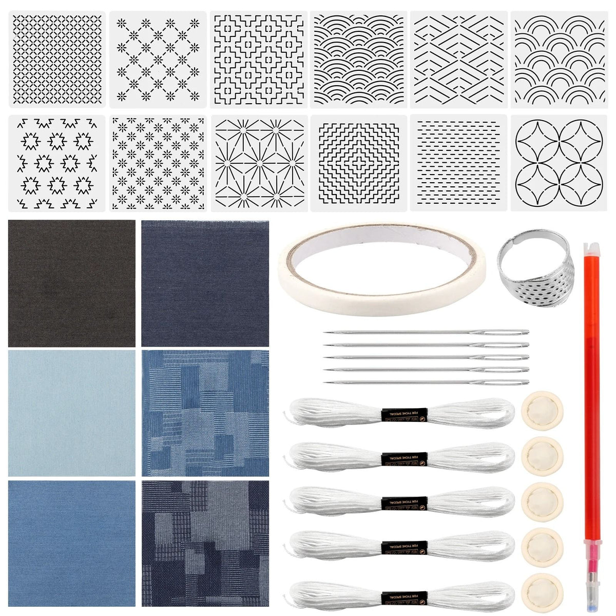 Sashiko Embroidery Stencil Kit 12 Piece Set | Reusable Templates with Thread, Needles & Thimble | Beginner Hand Stitching
