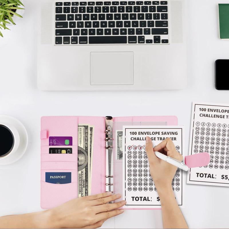 Savings Challenge Binder PU Leather Cover | 100 Labelled Envelope Slots & Tracker Pages | Save Over $5,050 in 100 Days