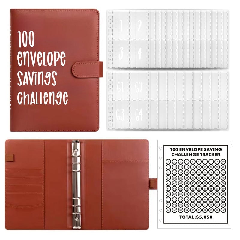 Savings Challenge Binder PU Leather Cover | 100 Labelled Envelope Slots & Tracker Pages | Save Over $5,050 in 100 Days