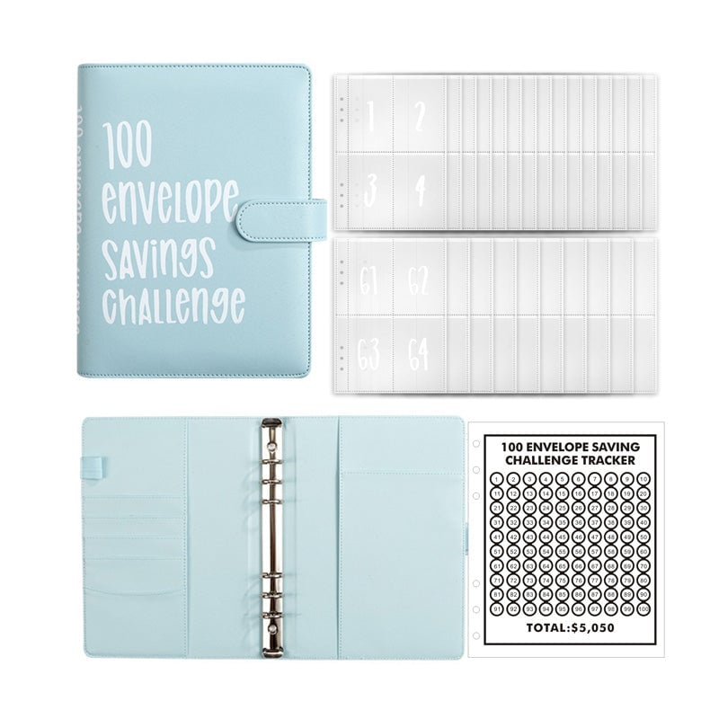 Savings Challenge Binder PU Leather Cover | 100 Labelled Envelope Slots & Tracker Pages | Save Over $5,050 in 100 Days