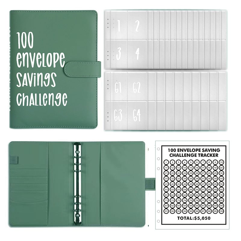 Savings Challenge Binder PU Leather Cover | 100 Labelled Envelope Slots & Tracker Pages | Save Over $5,050 in 100 Days