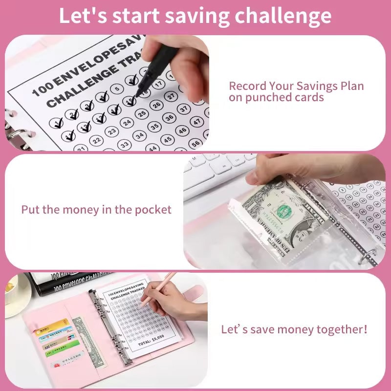 Savings Challenge Binder PU Leather Cover | 100 Labelled Envelope Slots & Tracker Pages | Save Over $5,050 in 100 Days