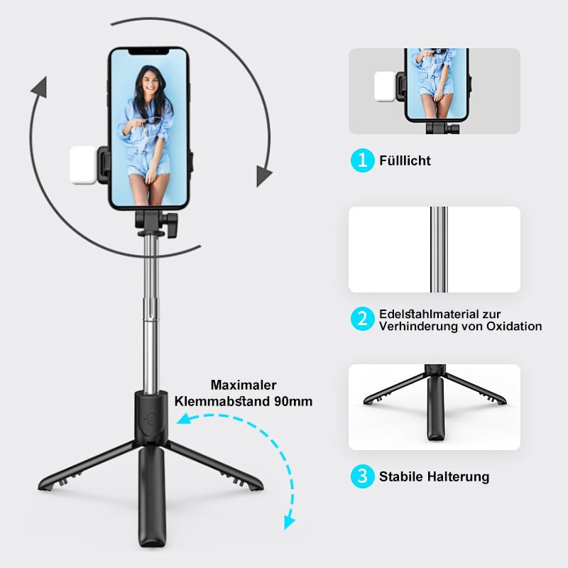 Selfie Stick Tripod Bluetooth Extendable Stainless Steel with Fill Light