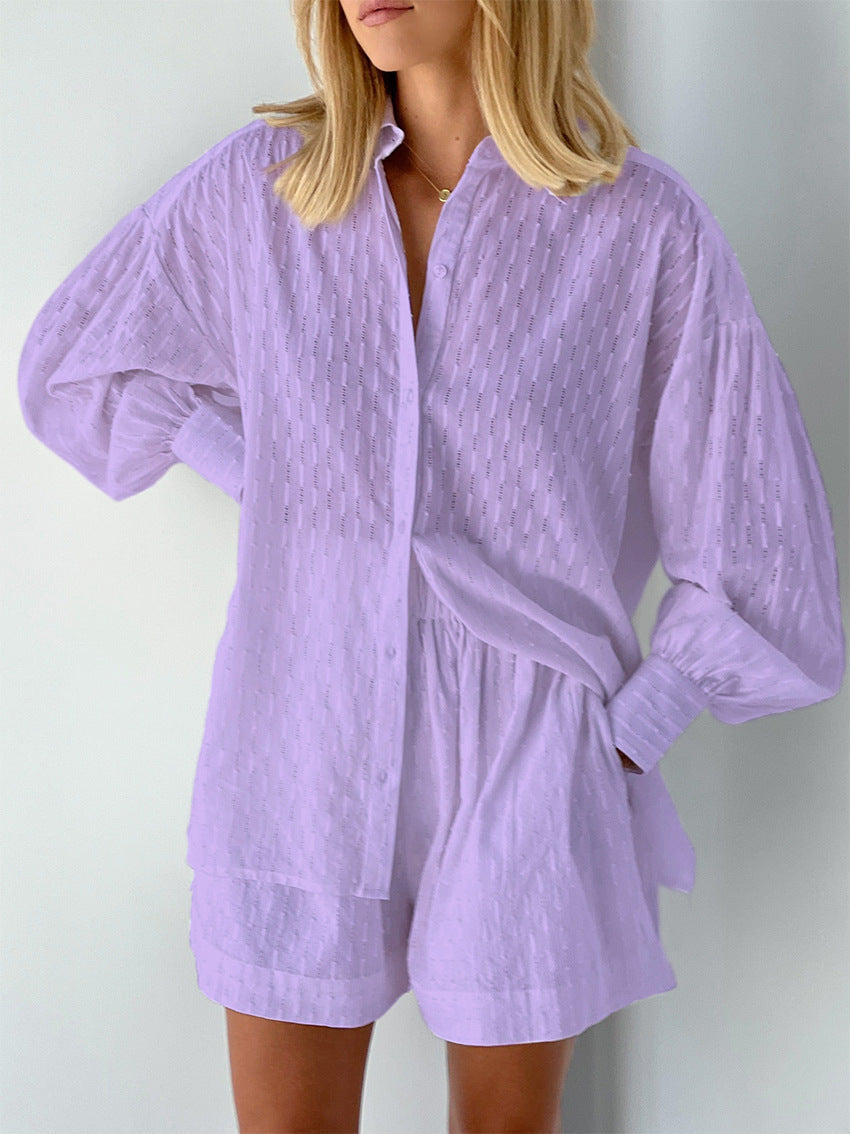 Shorts Set - Oversized Shirt with Matching Broderie Shorts - Co-Ord - Long Sleeve - Button-Down