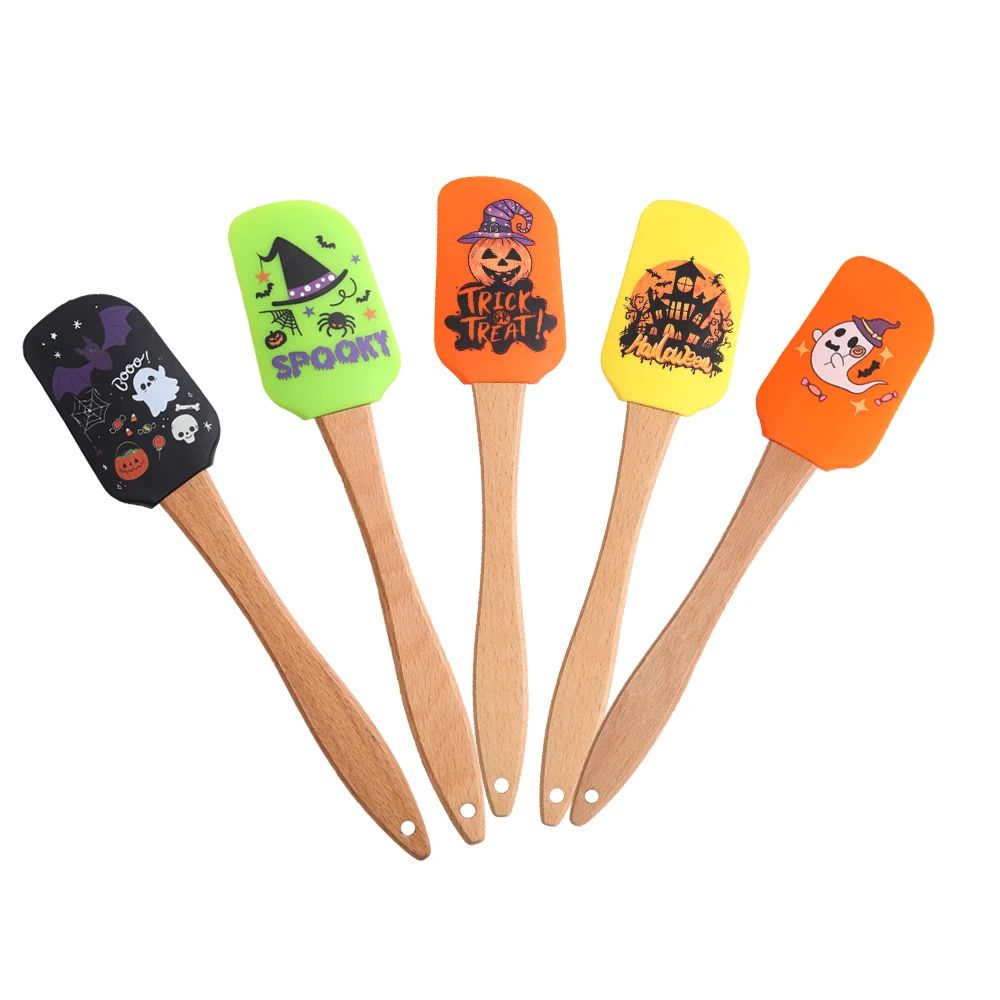 Silicone Baking Spatula Halloween Design | 5-Piece Set with Wooden Handles | Heat Resistant Non-Stick Scraper Tool