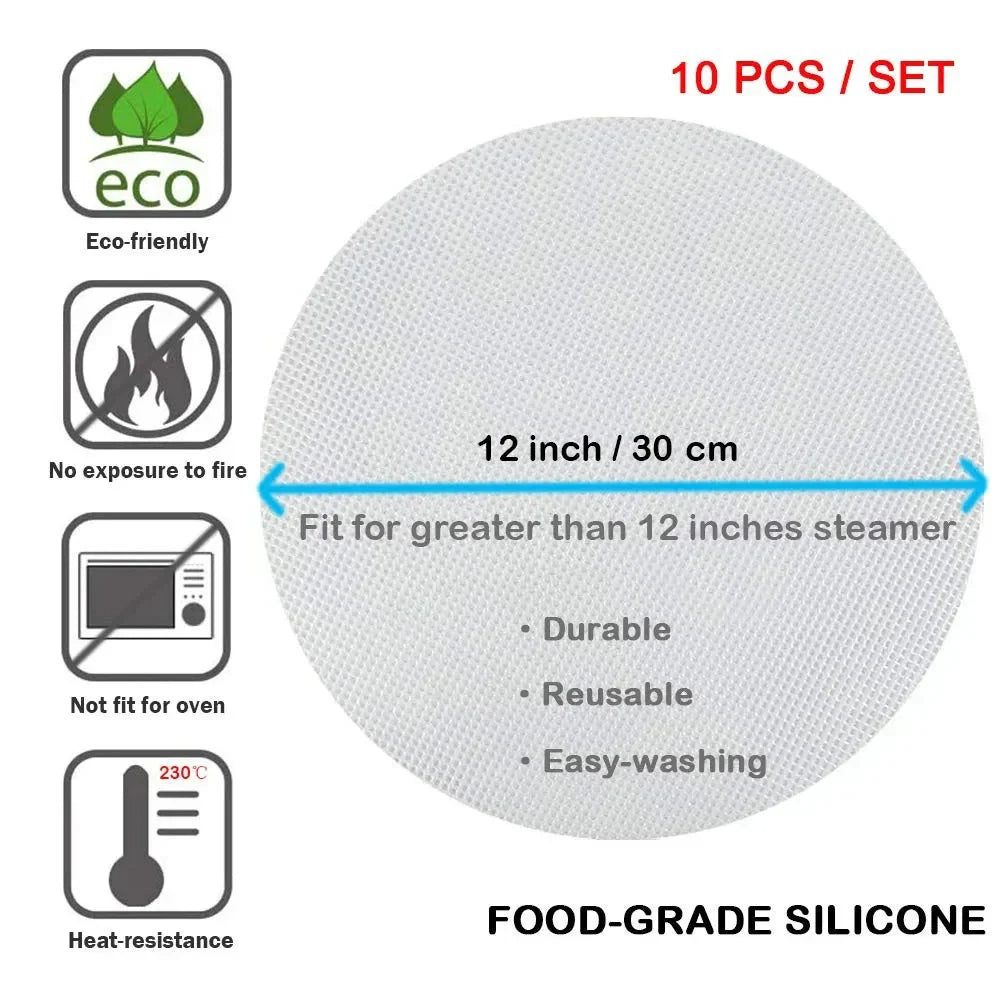 Silicone Steamer Liners Round 8/10/12 Inch | Set of 10, Non-Stick Mesh | Reusable Dehydrator Mats for Steaming & Baking