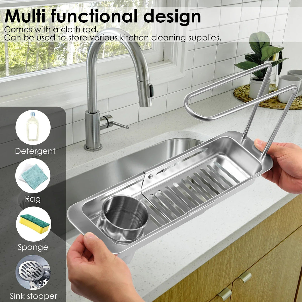 Sink Drain Shelf | Telescopic Tray With Towel Bar And Cup