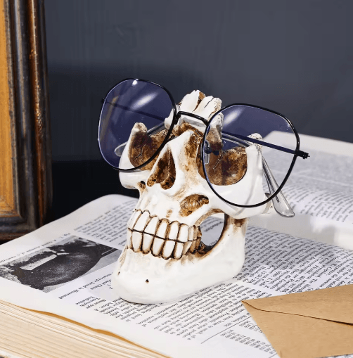 Skull Resin Glasses Holder | Halloween Decorative Storage Rack | Holds Eyeglasses & Sunglasses Securely on Desk or Shelf