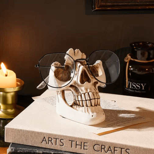 Skull Resin Glasses Holder | Halloween Decorative Storage Rack | Holds Eyeglasses & Sunglasses Securely on Desk or Shelf