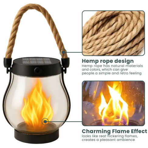 Solar Flame Lantern, Weatherproof Plastic | 25 x 13 cm, 12-Hour Solar Glow | Hemp Rope Wrap, Rain & Wind Resistant