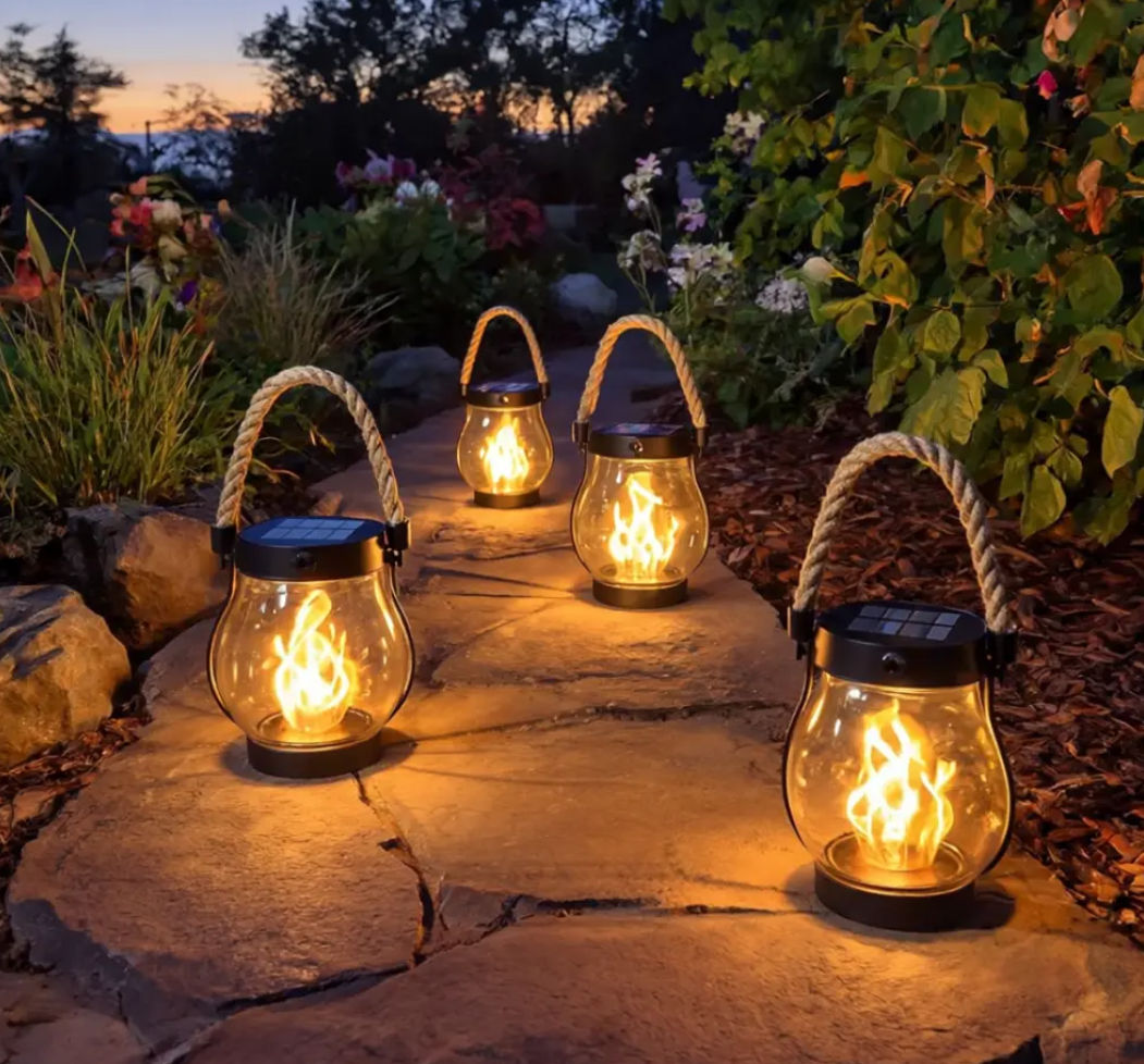 Solar Flame Lantern, Weatherproof Plastic | 25 x 13 cm, 12-Hour Solar Glow | Hemp Rope Wrap, Rain & Wind Resistant
