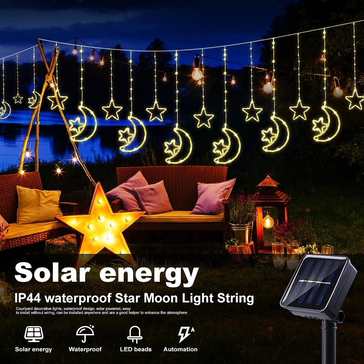 Solar LED Moon Star Curtain Lights | 8 Lighting Modes, 300 cm Waterproof String Curtain | Weatherproof Outdoor Decor
