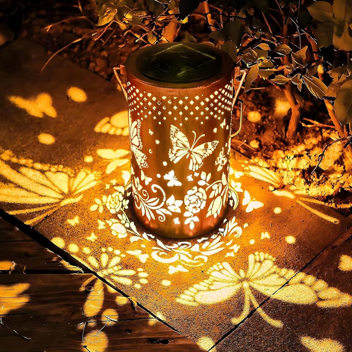Solar Silhouette Lantern Iron | Sun Flower or Butterfly Cutout | IP55 Weatherproof, 8-12 Hour Warm White Glow