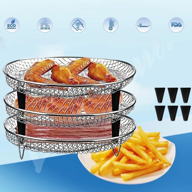 Stackable Air Fryer Rack 3-Tier Stainless Steel with Heat-Resistant Tongs