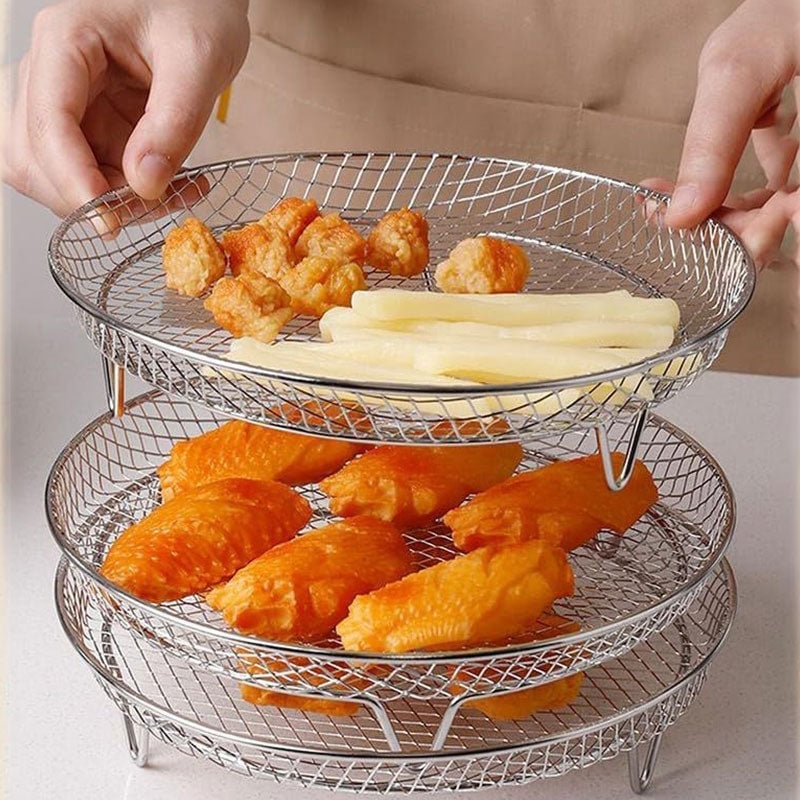 Stackable Air Fryer Rack 3-Tier Stainless Steel with Heat-Resistant Tongs