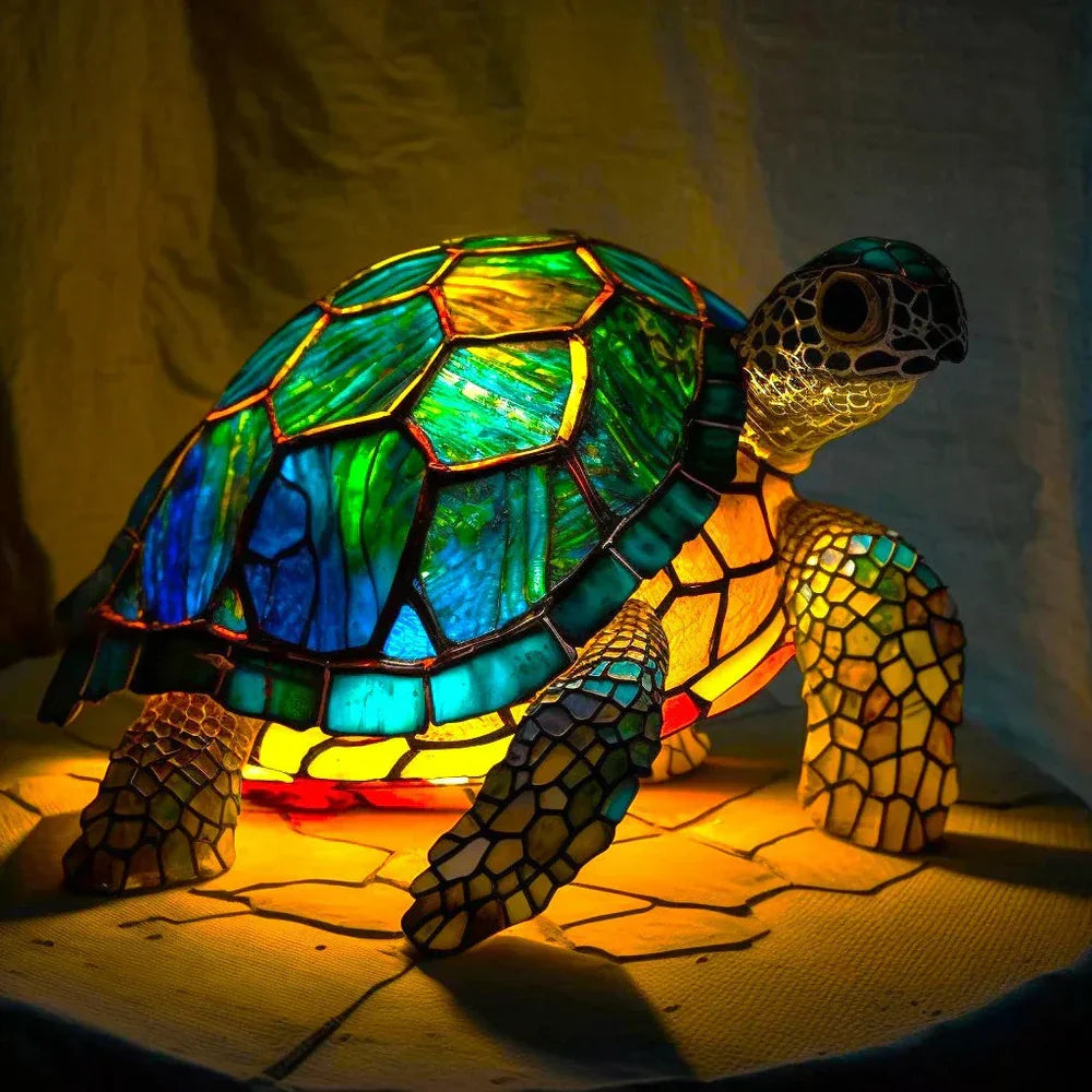 Stained Glass Animal Table Lamp Polyresin | 10 Animal Designs, Amber Blue Green | Warm Cosy Ambient Light
