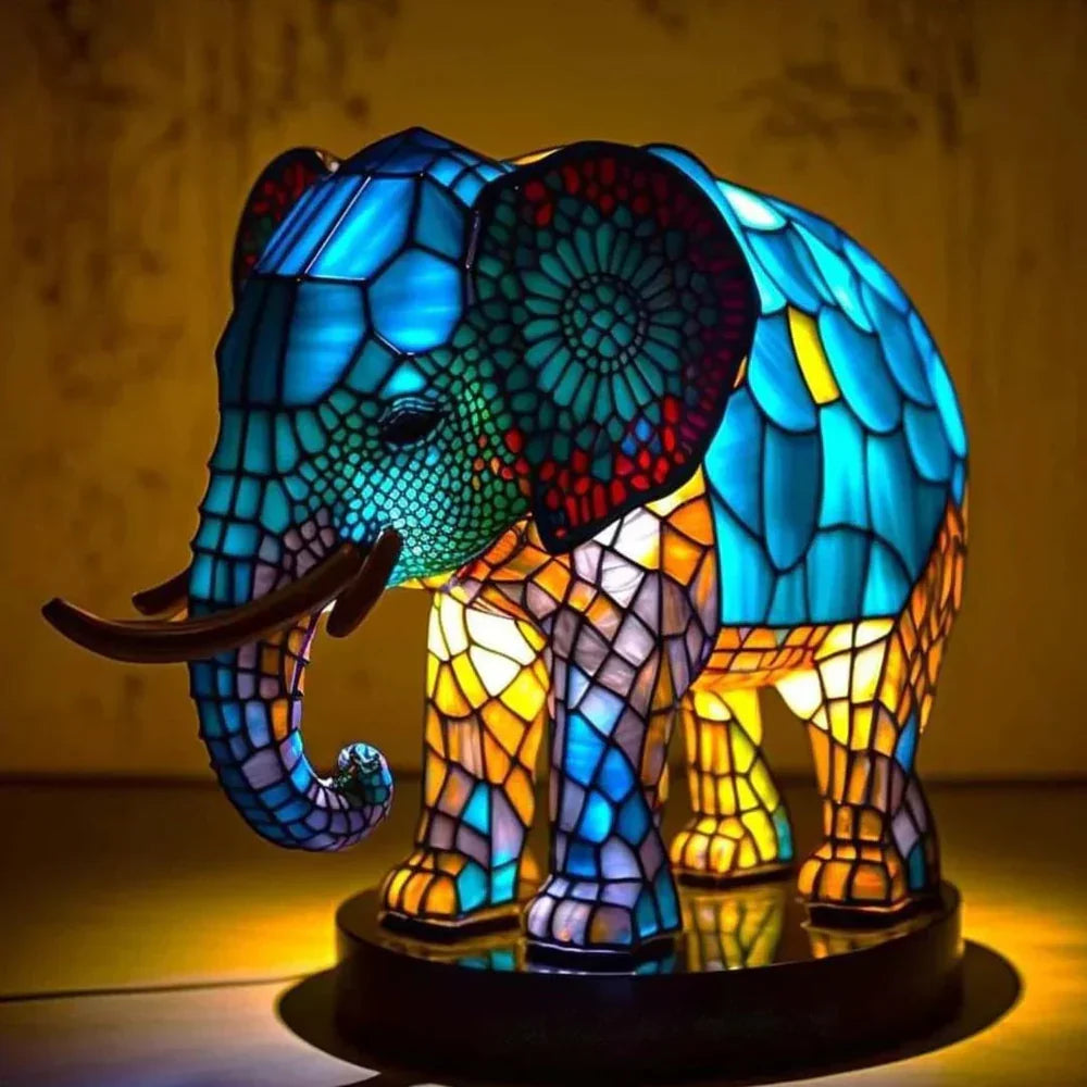 Stained Glass Animal Table Lamp Polyresin | 10 Animal Designs, Amber Blue Green | Warm Cosy Ambient Light
